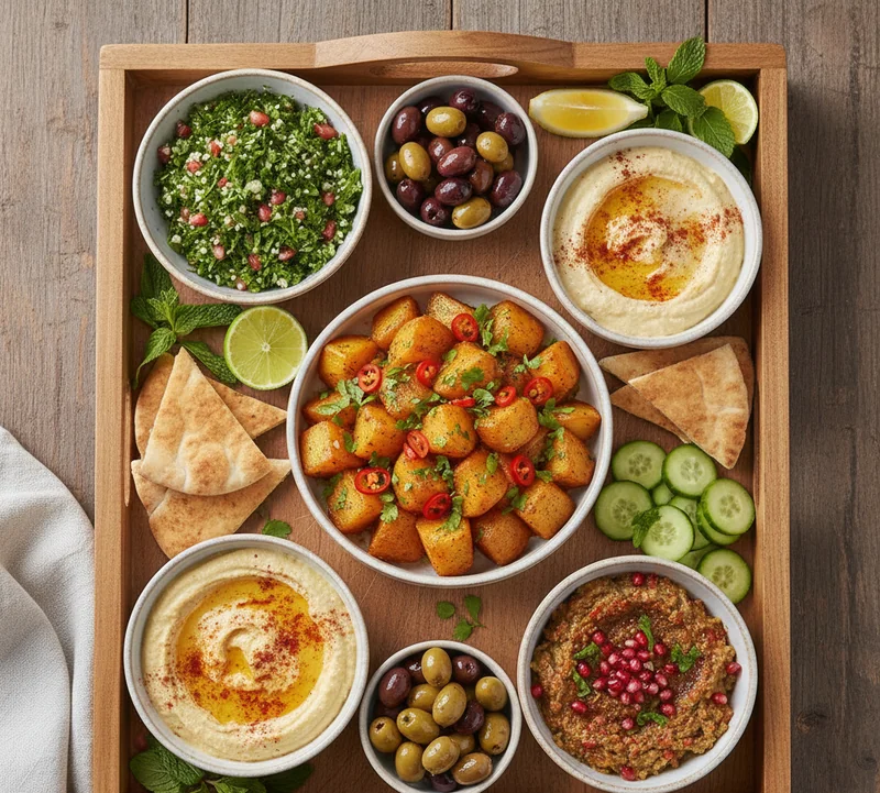 Plateau mezze libanais avec batata harra en vedette