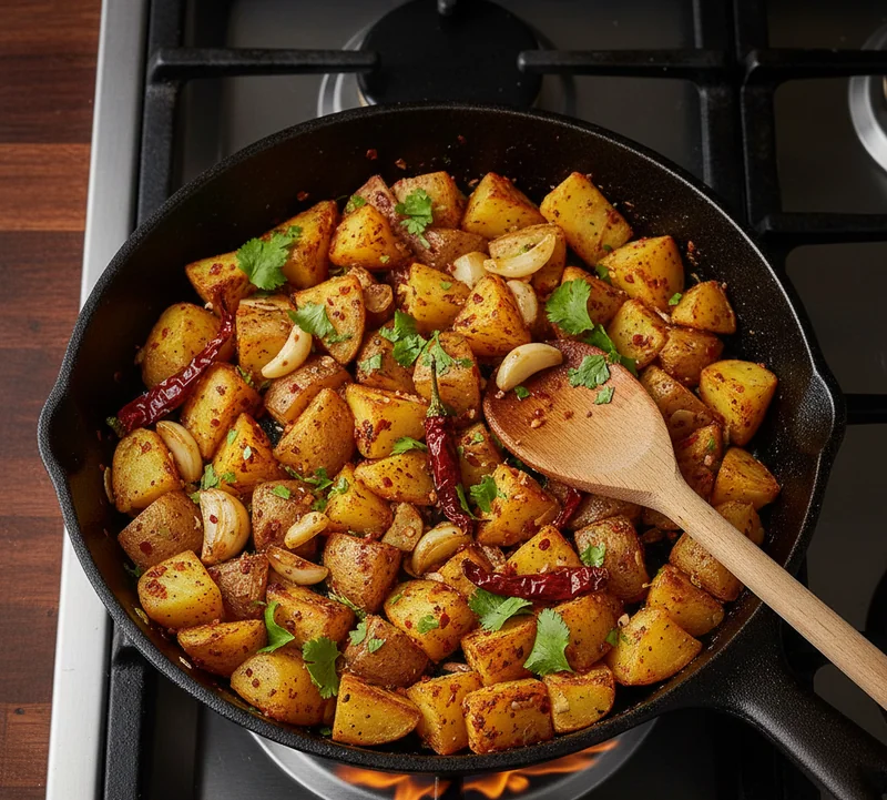 Cuisson batata harra ail épices dans la poêle