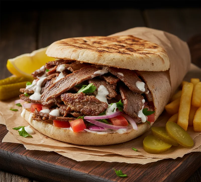 Chawarma bœuf libanais maison ouvert avec sauce tarator