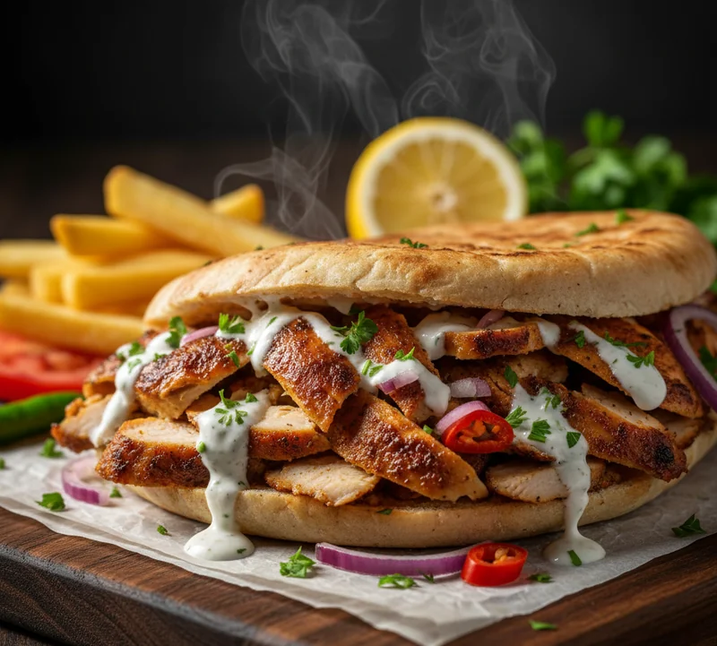 Sandwich chawarma poulet maison ouvert et appétissant