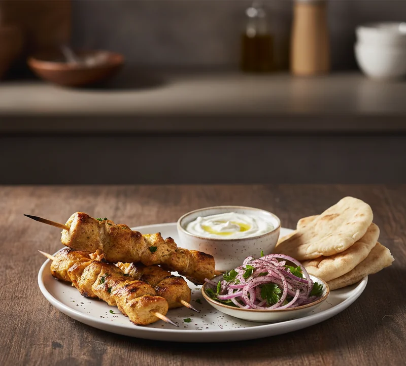 Chich Taouk servis avec sauce toum et salade orientale