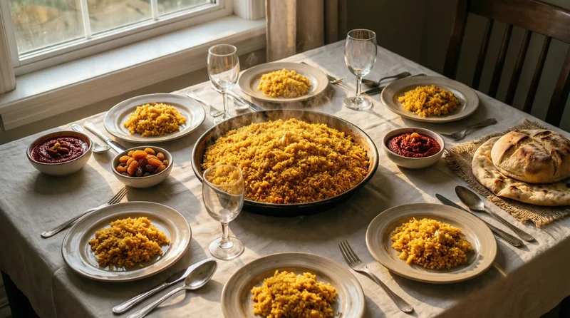 Une table de repas est dressée autour d'un couscous royal avec ses accompagnements, prête à être partagée.