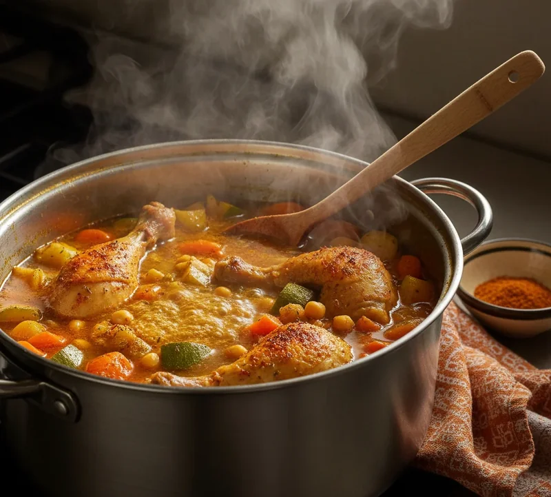 Le bouillon du couscous royal mijote dans une cocotte avec légumes et viandes.