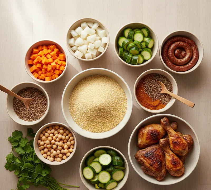 Les ingrédients du couscous royal sont disposés sur un plan de travail : semoule, légumes, pois chiches, épices et viandes.