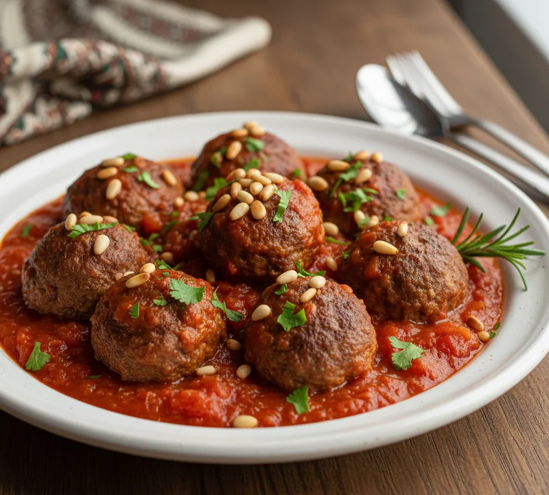 Boulettes de viande Daoud Pacha en sauce tomate avec pignons de pin