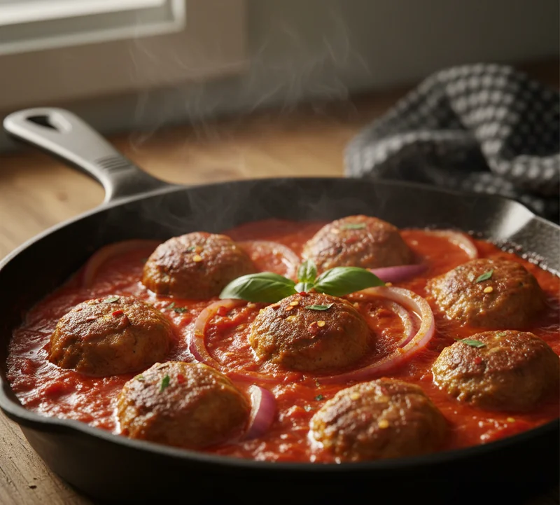 Cuisson des boulettes Daoud Pacha dans une sauce tomate aux oignons