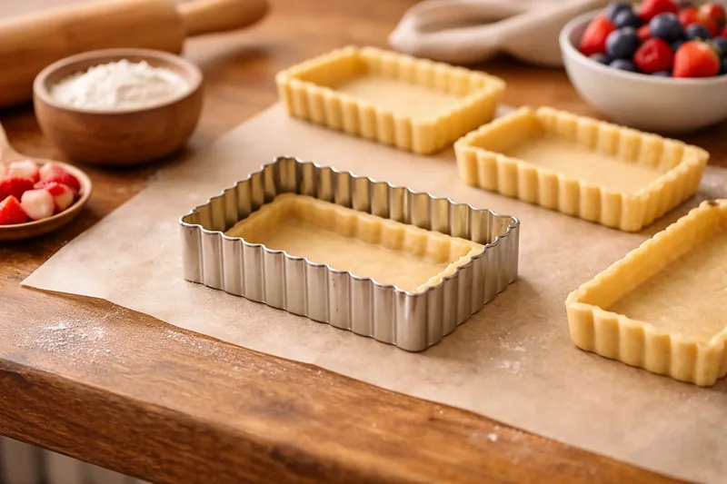 Découpoir rectangulaire découpant une pâte sablée sur un plan de travail