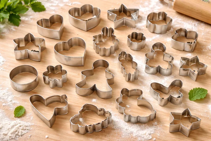 Collection variée de découpoirs pâtisserie en inox de formes et tailles différentes sur un plan de travail - Cakemabrouk