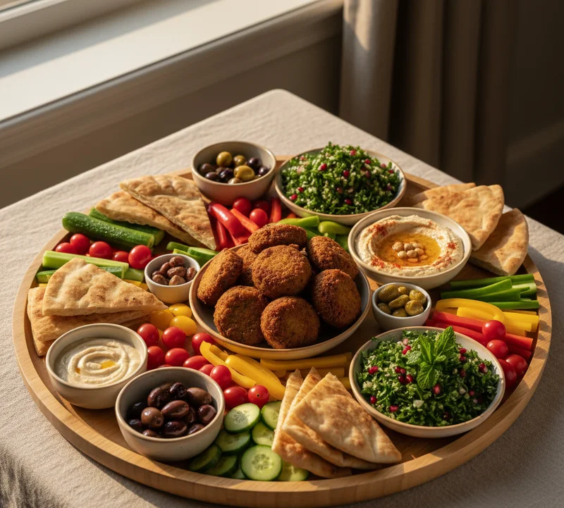 Plateau mezze avec falafels, houmous et taboulé