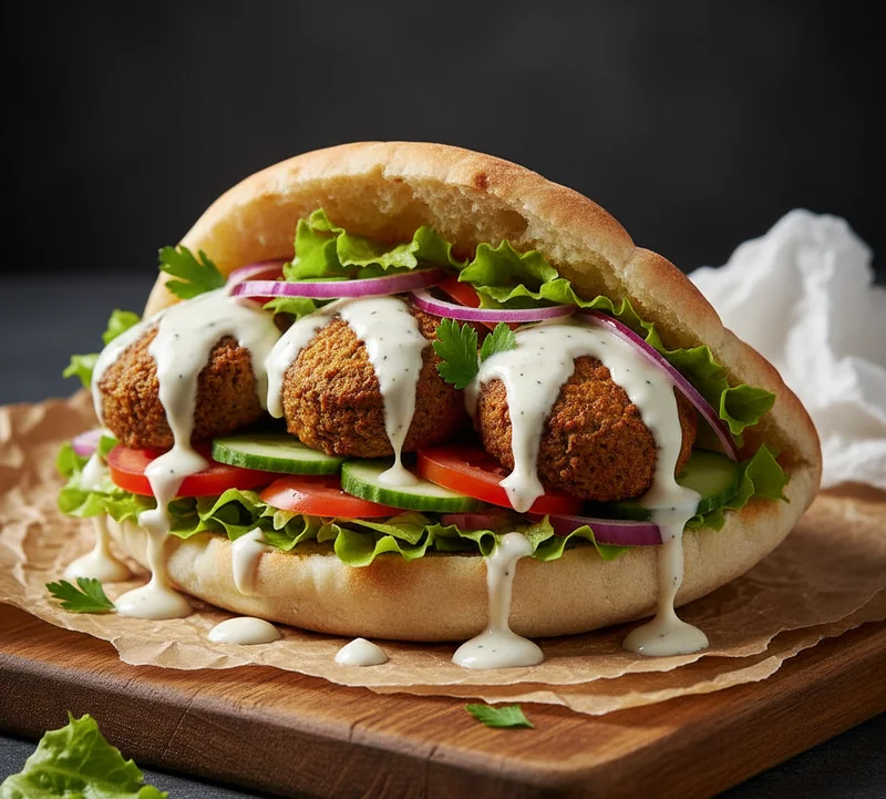 Sandwich pita aux falafels, crudités et sauce blanche