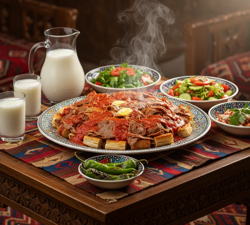 Iskender kebab servi à la turque avec tous ses accompagnements