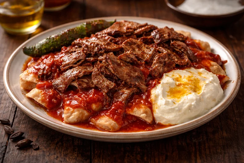 Iskender kebab turc authentique servi avec sauce tomate et yaourt