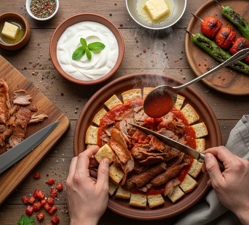 Montage traditionnel de l'iskender kebab avec ses différentes couches