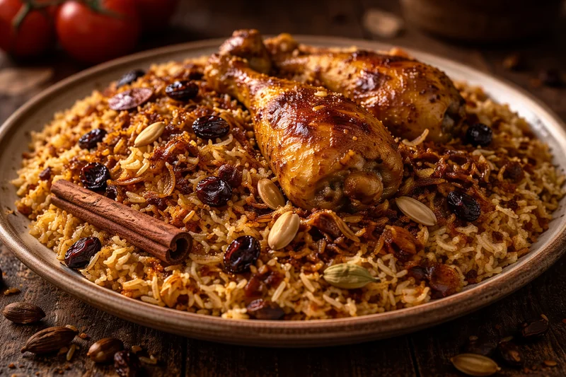 Kabsa saoudienne au poulet servie avec riz parfumé, amandes et raisins secs