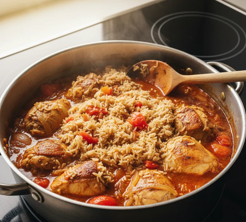 Cuisson de la kabsa dans une casserole avec riz et poulet mijotant aux épices