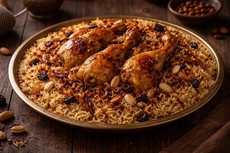 Riz de kabsa aux épices saoudiennes avec morceaux de poulet tendre