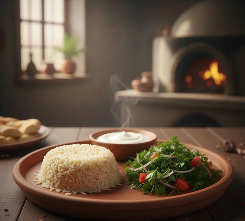 Kebab aux aubergines servis avec accompagnements