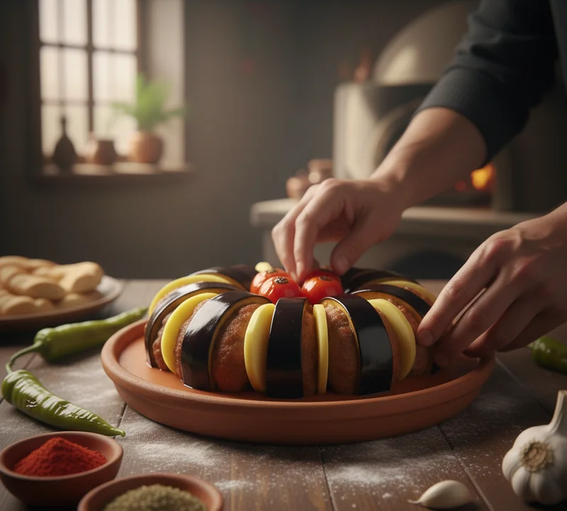 Montage kebab aubergine turc avant four