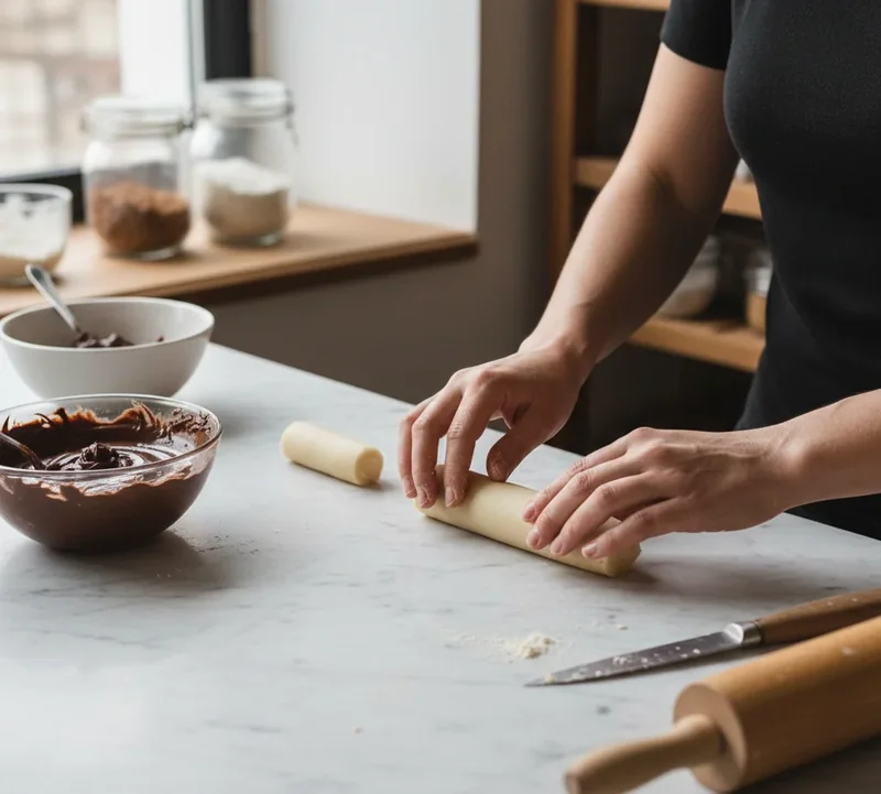 Détail intérieur du gâteau Kefta montrant la farce aux biscuits et cacao