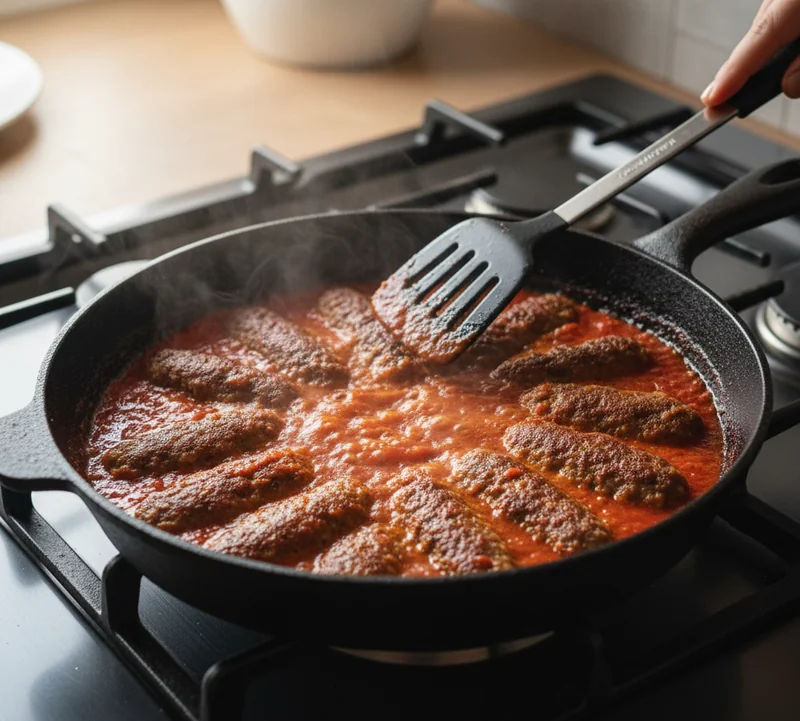 Cuisson de la kefta hassan pacha dans une sauce tomate épicée