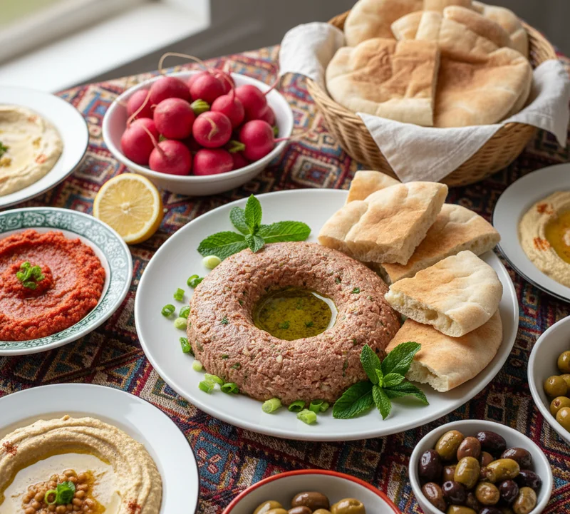 Kibbeh nayyeh servi en table de mezze libanais