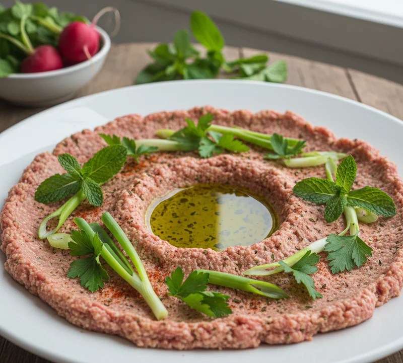 Kibbeh nayyeh tartare libanais décoré d'huile d'olive et menthe