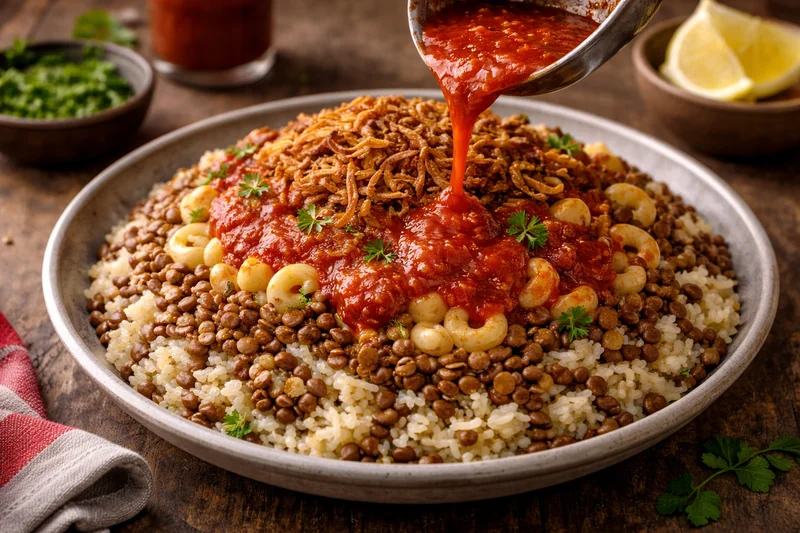 Koshary égyptien servi avec sa sauce tomate épicée