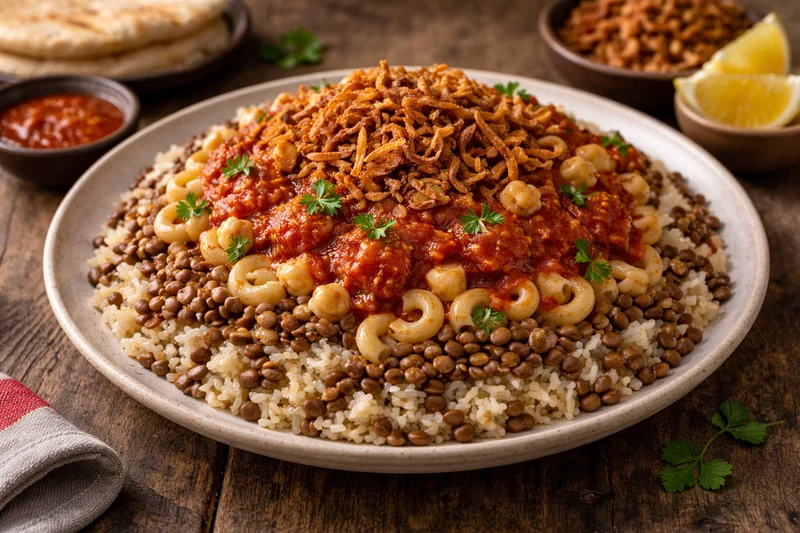 Koshary égyptien traditionnel avec tous ses éléments superposés