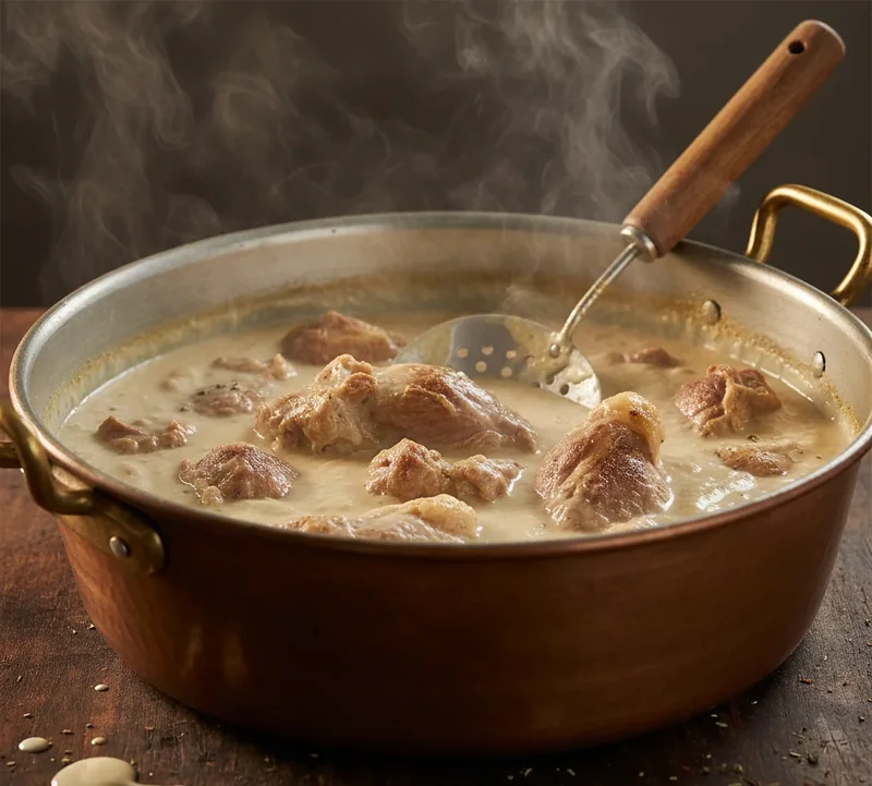 Cuisson de l'agneau dans la sauce au jameed pour le mansaf