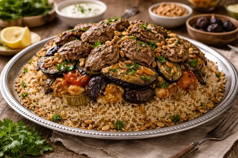 Maqlouba traditionnelle renversée servie sur un grand plat