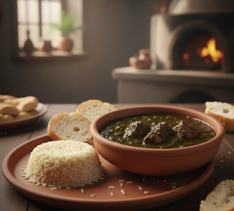Molokheya tunisienne servie avec du riz blanc