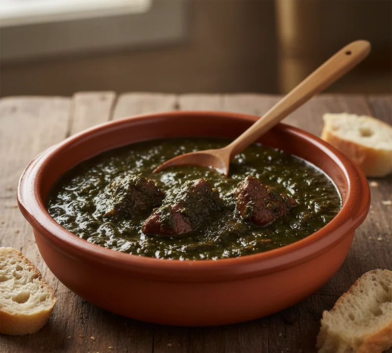 Bol de molokheya tunisienne (mloukhia) servie chaude avec du bœuf