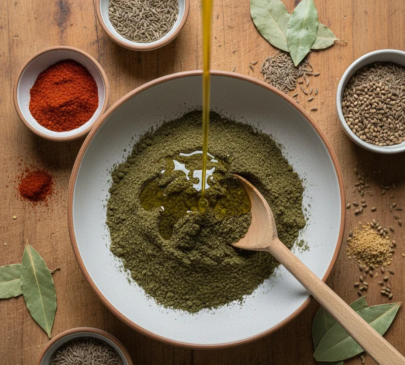 Poudre de molokheya mélangée à l'huile avec épices et feuilles de laurier