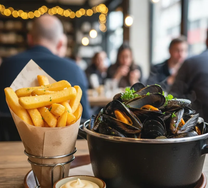 Bol de moules-frites dorées, vapeur montante et citron frais