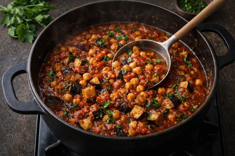Pois chiches ajoutés au ragoût d'aubergines de la moussaka orientale