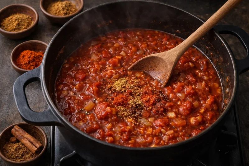 Sauce tomate épicée qui mijote pour la moussaka orientale