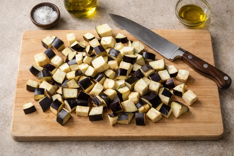 Aubergines coupées en dés prêtes à cuire pour la moussaka orientale