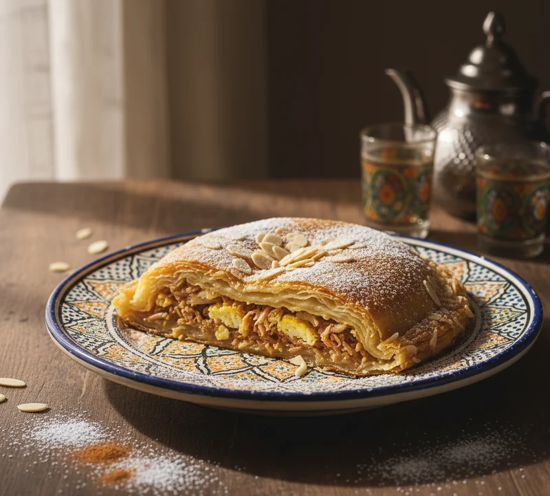 Part de pastilla au pigeon avec farce aux amandes