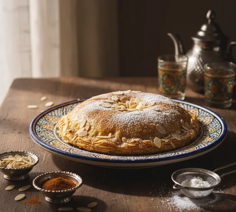 Pastilla au pigeon dorée servie sur un plat marocain