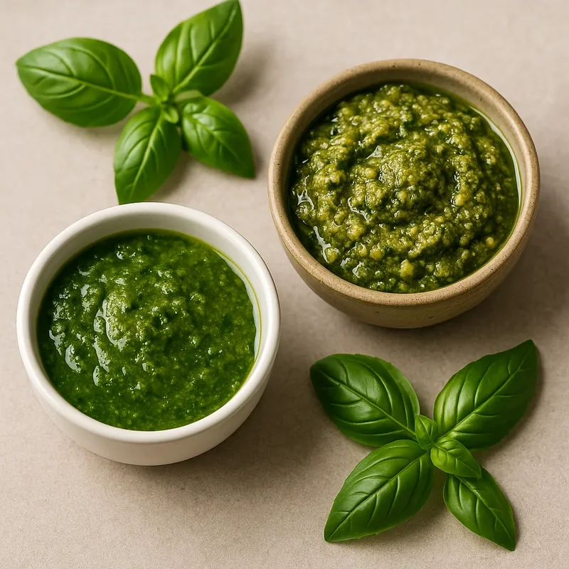 Bol de pistou et bol de pesto avec basilic frais