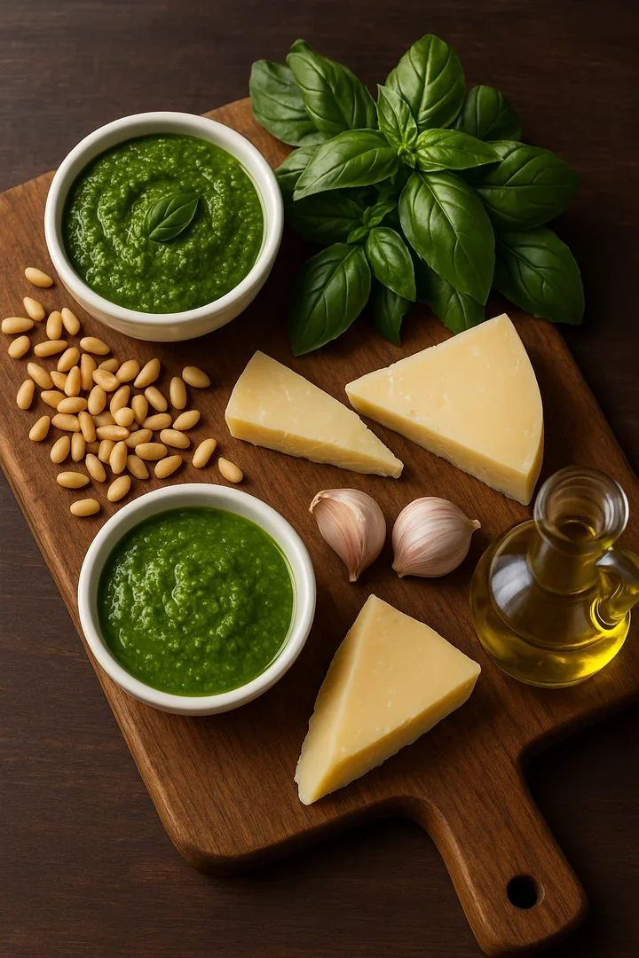 Ingrédients du pesto et du pistou sur planche en bois