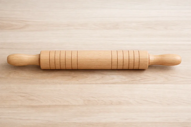 Rouleau à pâtisserie avec lignes de guidage posé sur un plan de travail en bois