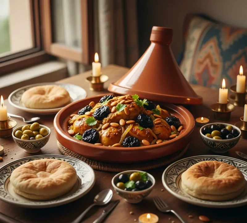 Tajine d'agneau aux pruneaux et amandes servi lors d'un repas convivial