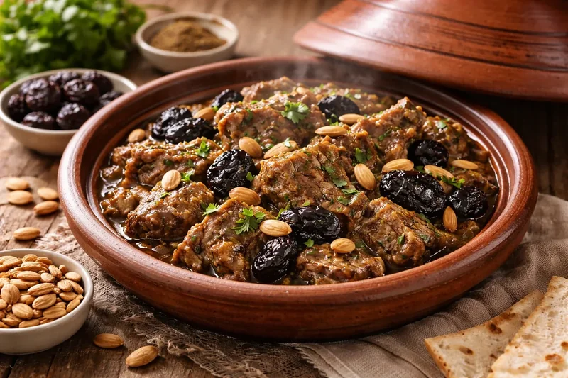 Tajine d'agneau aux pruneaux et amandes servi dans un plat traditionnel marocain