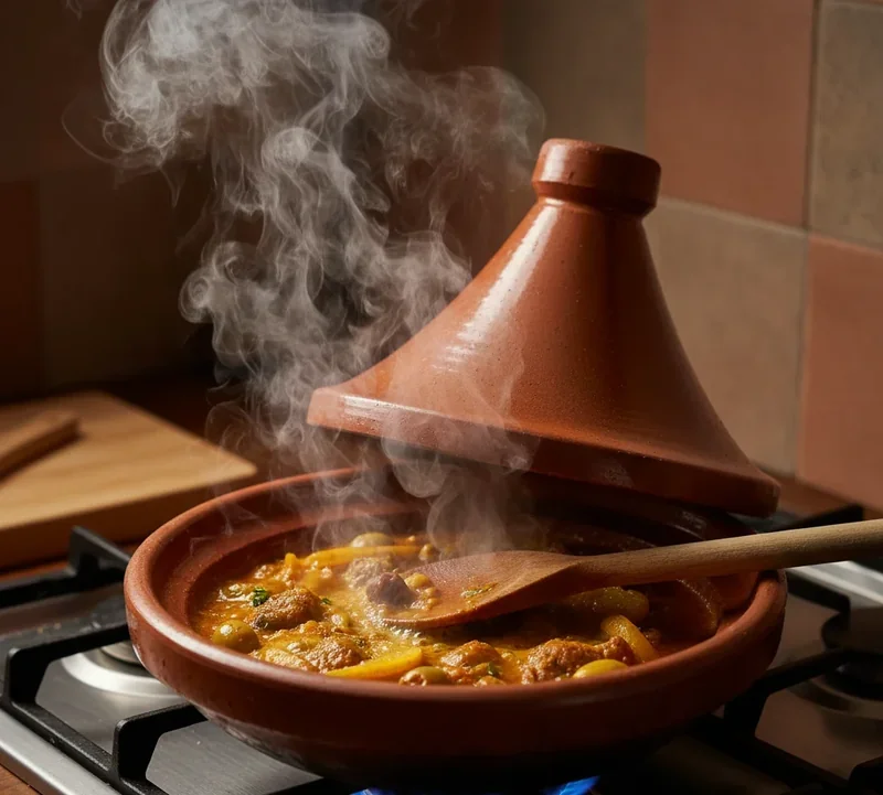 Cuisson lente du tajine d'agneau aux pruneaux dans un plat en terre cuite