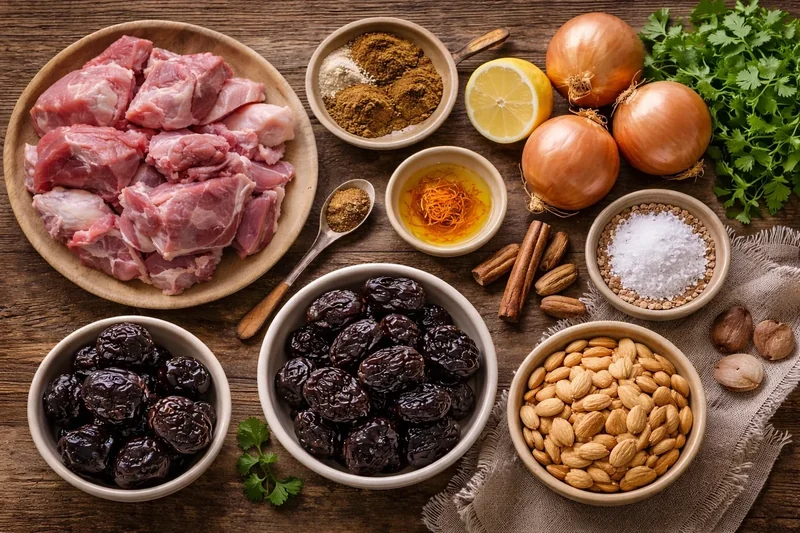 Ingrédients du tajine d'agneau aux pruneaux et amandes disposés sur une table