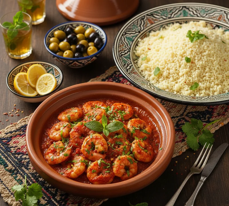 Service de tajine de crevettes à la charmoula avec accompagnements