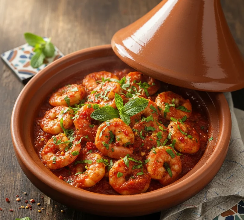 Tajine de crevettes à la charmoula dans un plat en terre cuite