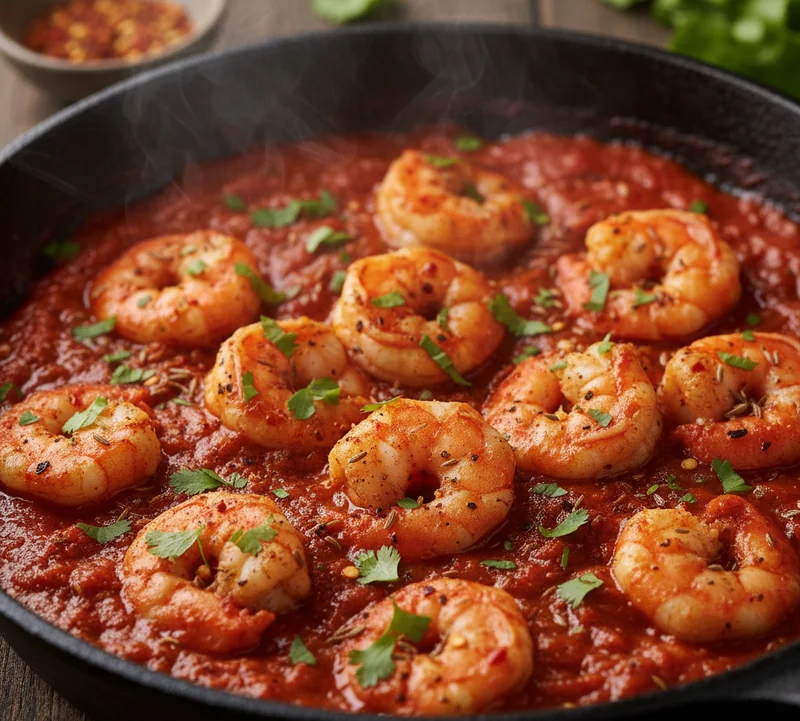 Crevettes mijotées dans une sauce tomate à la charmoula