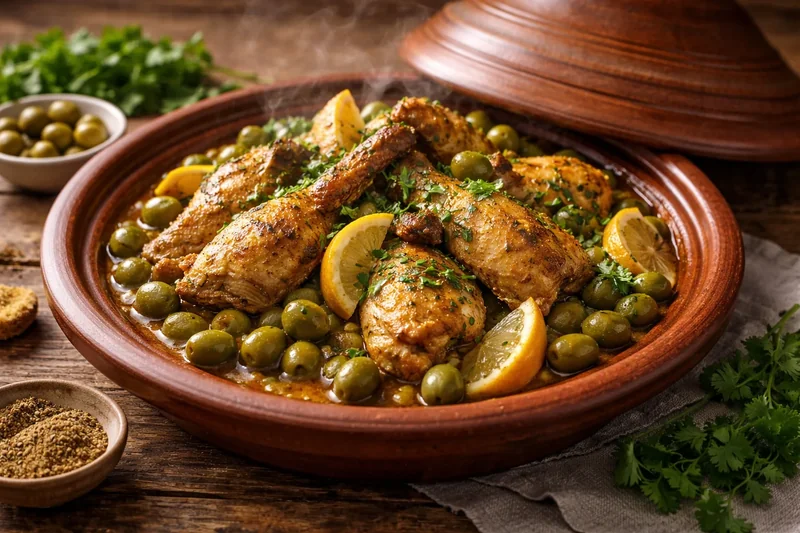 Tajine de poulet aux citrons confits et olives servi dans un plat traditionnel